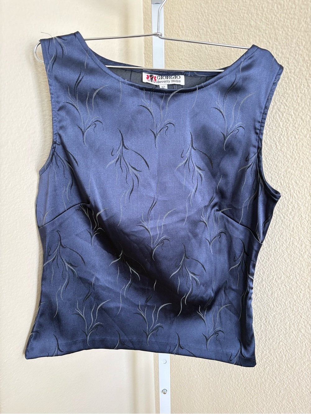 Vintage Giorgio Armani Beverly Hills Satin Patterned Blouse in Navy - Size 12